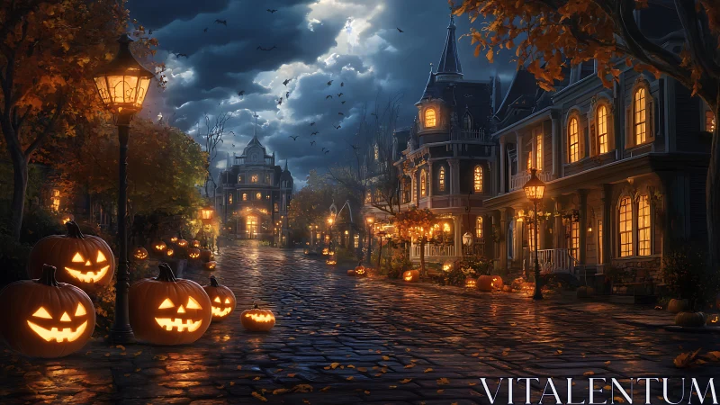 Halloween street glows under jack o lantern light and storm clouds