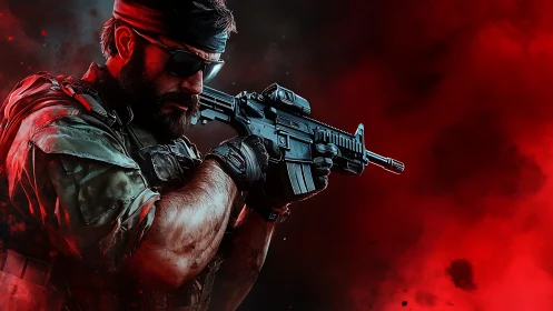 Tactical soldier aims rifle against high-contrast red smoke