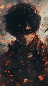 Dark-haired figure stands amid drifting embers and smoke