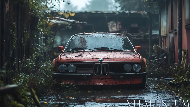 Weathered red BMW coupe in overgrown industrial alleyway.