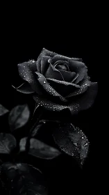 Black Rose with Dew Drops Against Dark Background