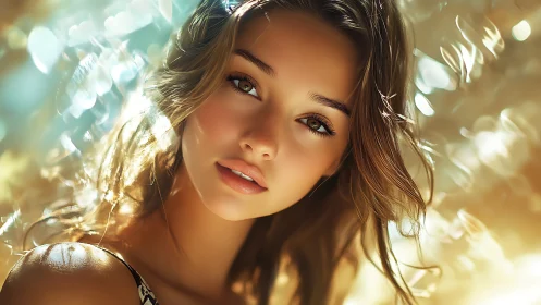 Sunlit portrait captures serene beauty with golden bokeh.