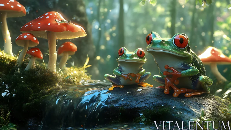 Red-eyed tree frogs on forest rock beside mushrooms.