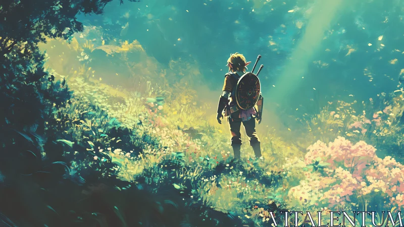 Elf warrior surveys sunlit forest meadow in silence.