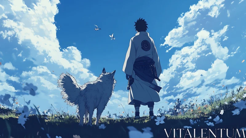 Samurai wanderer and dog under expansive cumulus sky