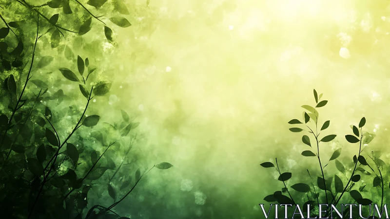 Green foliage silhouettes against soft yellow light field.