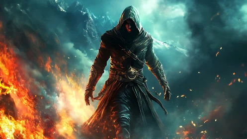 Hooded rogue strides through fire and stormy mountain skies.