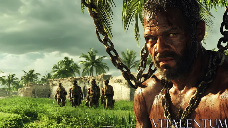 Cinematic 3D captive portrait under storm-lit tropical sky.