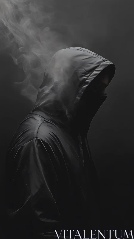 Hooded figure in dark studio with drifting smoke trail.