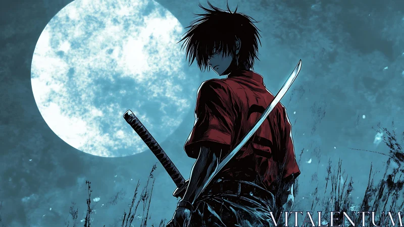 Moonlit swordsman in crimson shirt standing at twilight.