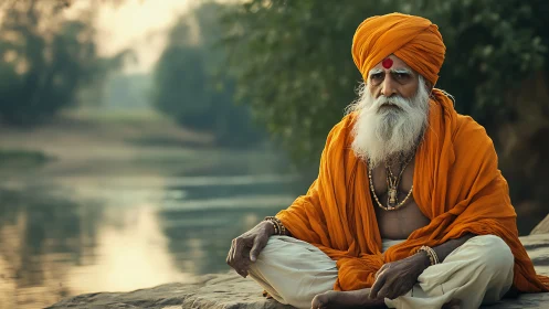 Elderly ascetic in orange robes meditating by tranquil riverside