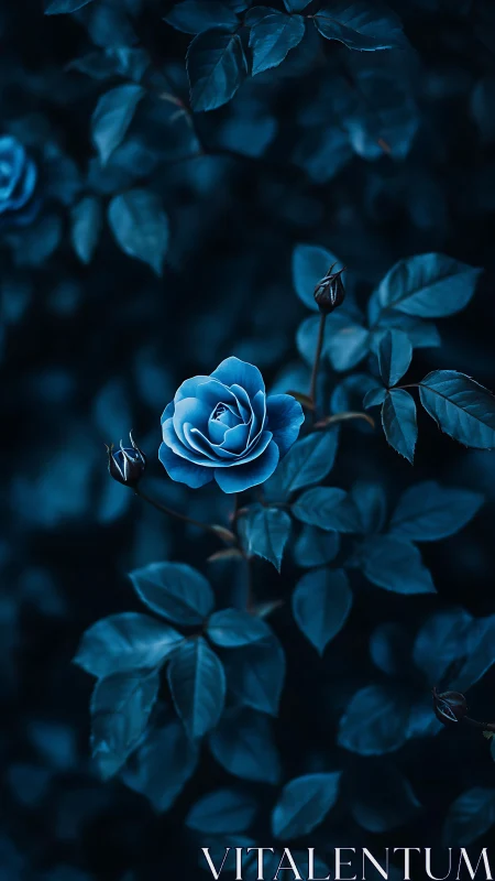 Blue rose bloom positioned centrally among foliage in monochromatic lighting.