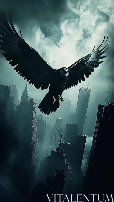 Night-storm eagle dives over neon-drowned steel canyons.