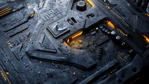 Cyberpunk motherboard macro with wet textured PCB and orange LEDs