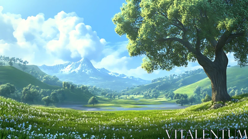 Sunlit meadow dreaming beneath a watchful mountain peak.