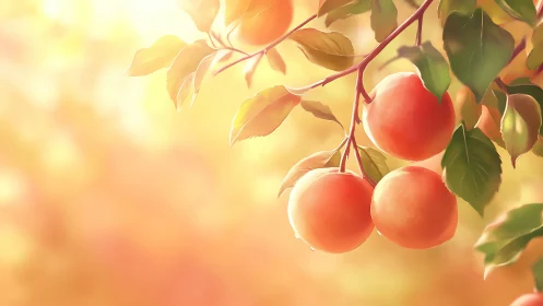 Sunlit peach branch with ripe fruit and soft bokeh glow.