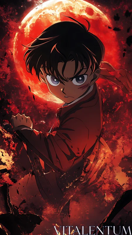Determined anime hero stands before a blazing blood moon.