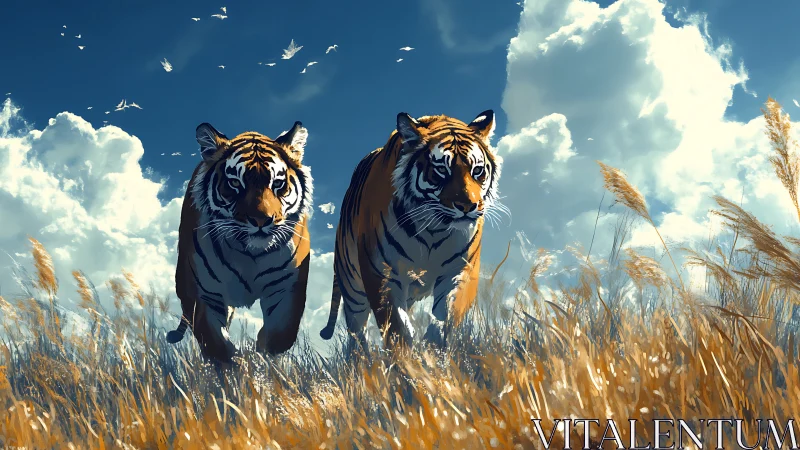 Two Tigers Running Through Golden Grassland Sky
