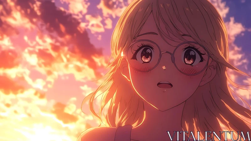 Anime girl with glasses against illuminated sunset sky.