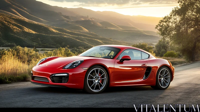 Red sports coupe glows against sunlit mountain landscape.