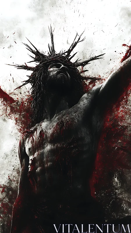 Crucified male figure with thorns in dark, bloodstained scene.