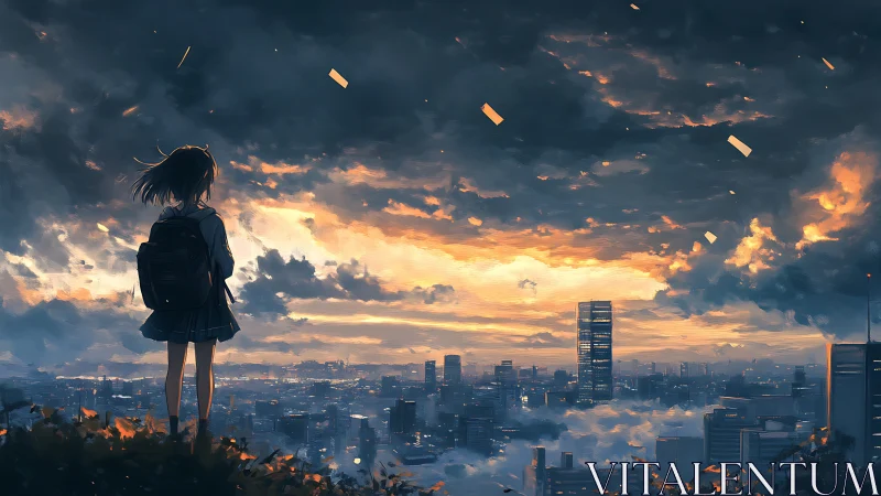 Stormlit schoolgirl rewrites the city skyline with silence