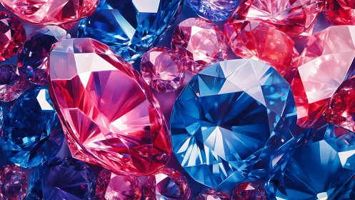 Macro close-up of faceted blue and pink gemstones, high refraction