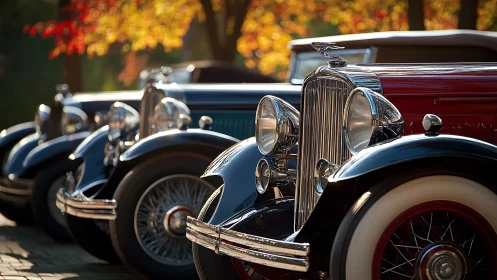 Chrome lined vintage roadsters in warm autumn sunlight.