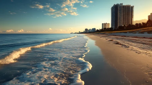 Sunlit shoreline with high-rise skyline in warm golden hour