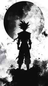 Backlit warrior silhouette before lunar ink wash disc.