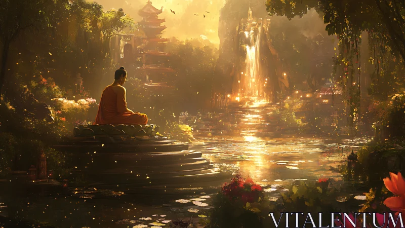 Digital painting of meditative monk in luminous forest sanctuary.