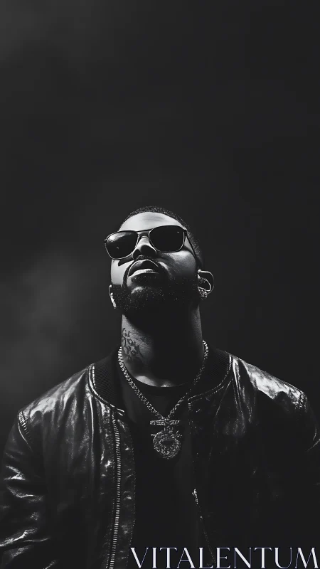 Man in leather jacket stares upward under dramatic lighting