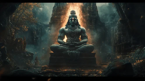 Serene stone deity glowing softly in a hidden mountain temple.