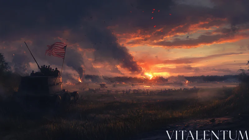 War-torn battlefield unfolds beneath a burning twilight sky