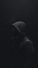 Hooded urban figure stands in deep shadowed isolation