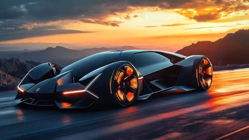 Futuristic hypercar with angular aero surfaces under sunset lighting