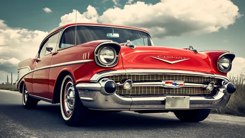 Sunlit red classic Chevy cruising under drifting clouds.