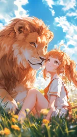 Sunlit lion guardian and daydreaming girl in wildflower field.