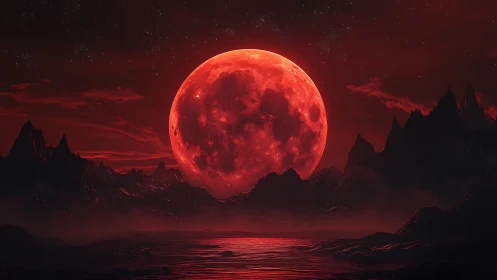 Large red moon rises over dark mountainous alien landscape