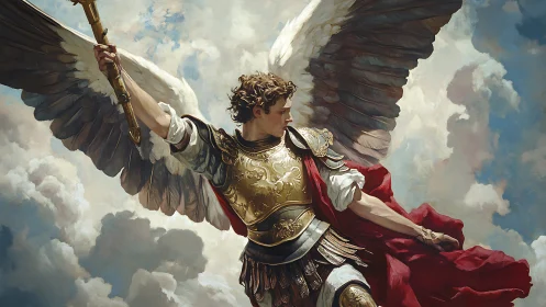 Armored archangel with gilded wings poised in storm clouds.