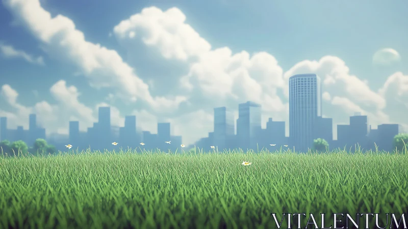Foreground grass field before distant modern city skyline.