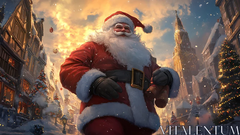 Jolly Santa strolls through a glowing snowy Christmas town