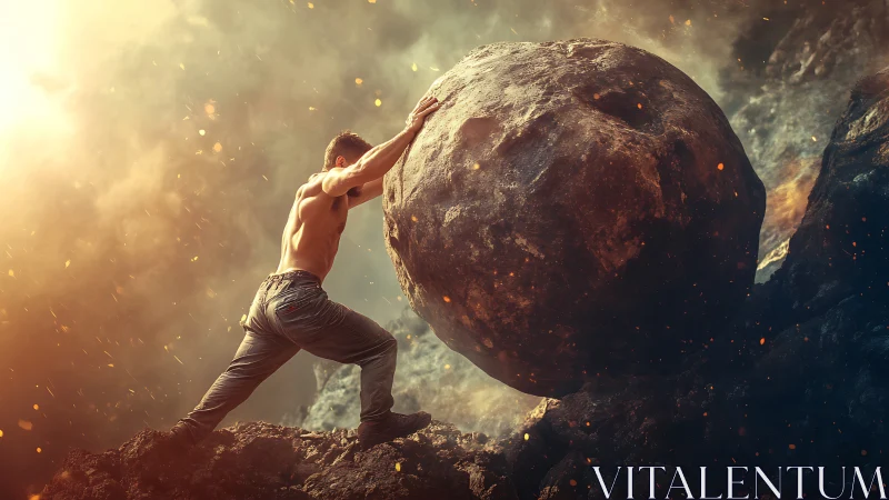 Mythic figure pushing colossal boulder through firelit haze.