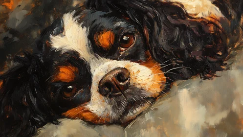 Impasto portrait of tricolour spaniel in close focal repose.