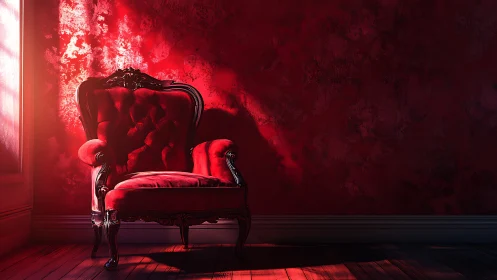 Velvet throne lounges in a crimson sunbeam of quiet drama