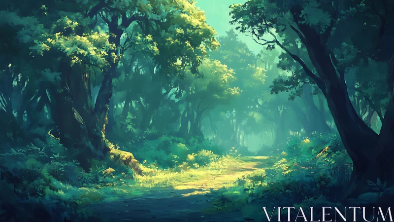 Luminous Forest Canopy with Golden Sunlit Clearing.