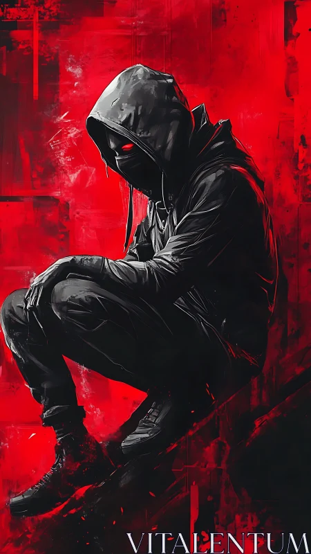 Shadowed hooded figure glowing against vivid red storm.