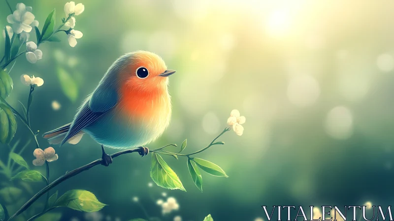 Vibrant Robin on Branch in Dreamy Digital Art Style.