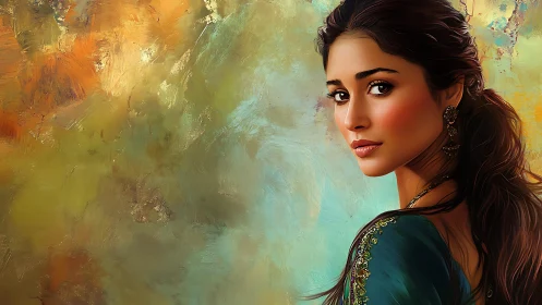 Digital painting portrait with luminous abstract backdrop.