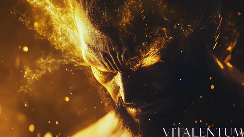 Fiery male warrior head engulfed in intense golden flames.